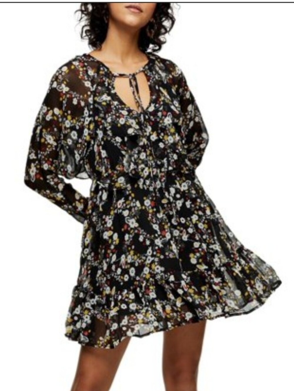 Fate Smocked Waist Dark Floral Dress Babydoll Tiered V-neck Moody Flowy Size S
